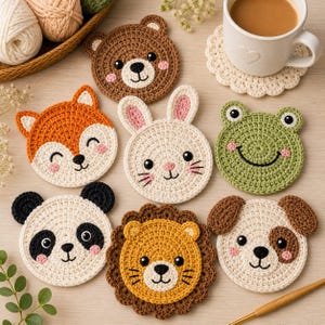 May include: A collection of handmade crochet coasters in various animal designs, including a bear, fox, rabbit, frog, panda, lion, and dog. Each coaster features detailed facial features and is crafted in a mix of white, brown, orange, and green yarn.