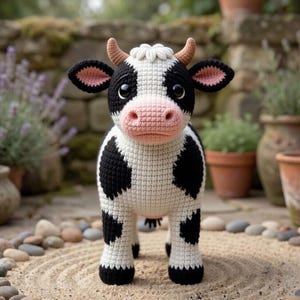 May include: A handmade crochet cow with a black and white pattern. The cow has a pink nose, ears, and a small mouth. The cow has small brown horns and is standing on a sandy surface.