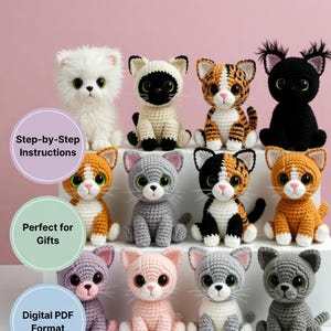 Può includere: Una collezione di figure di gatti all'uncinetto in vari colori e motivi, tra cui bianco, nero, arancione, grigio e rosa. L'immagine include il testo "COMPLETE CROCHET CAT PATTERN SET" e "Start Creating Your Cat Family Today!"