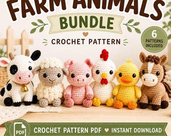 Pacchetto di schemi per uncinetto di animali da fattoria, amigurumi adatti ai principianti (download in PDF)