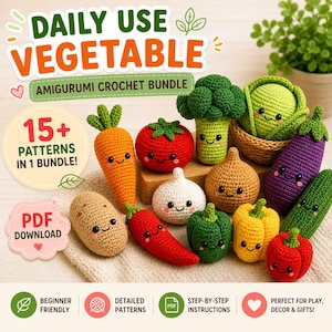 以下が含まれることがあります： 人参、トマト、ブロッコリー、ナスなど、かぎ針編みのあみぐるみ野菜のコレクション。画像には「DAILY USE VEGETABLE AMIGURUMI CROCHET BUNDLE」と「15+ PATTERNS IN 1 BUNDLE!」の文字と、初心者向けのパターンを示すアイコンが表示されています。