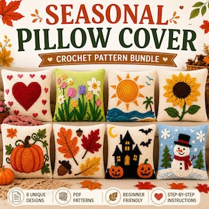 Pode incluir: Um pacote de padrões de crochê para oito capas de almofada sazonais com desenhos de coração vermelho, flores, sol, girassol, abóbora, folhas de outono, casa assombrada e boneco de neve, com o texto SEASONAL PILLOW COVER.