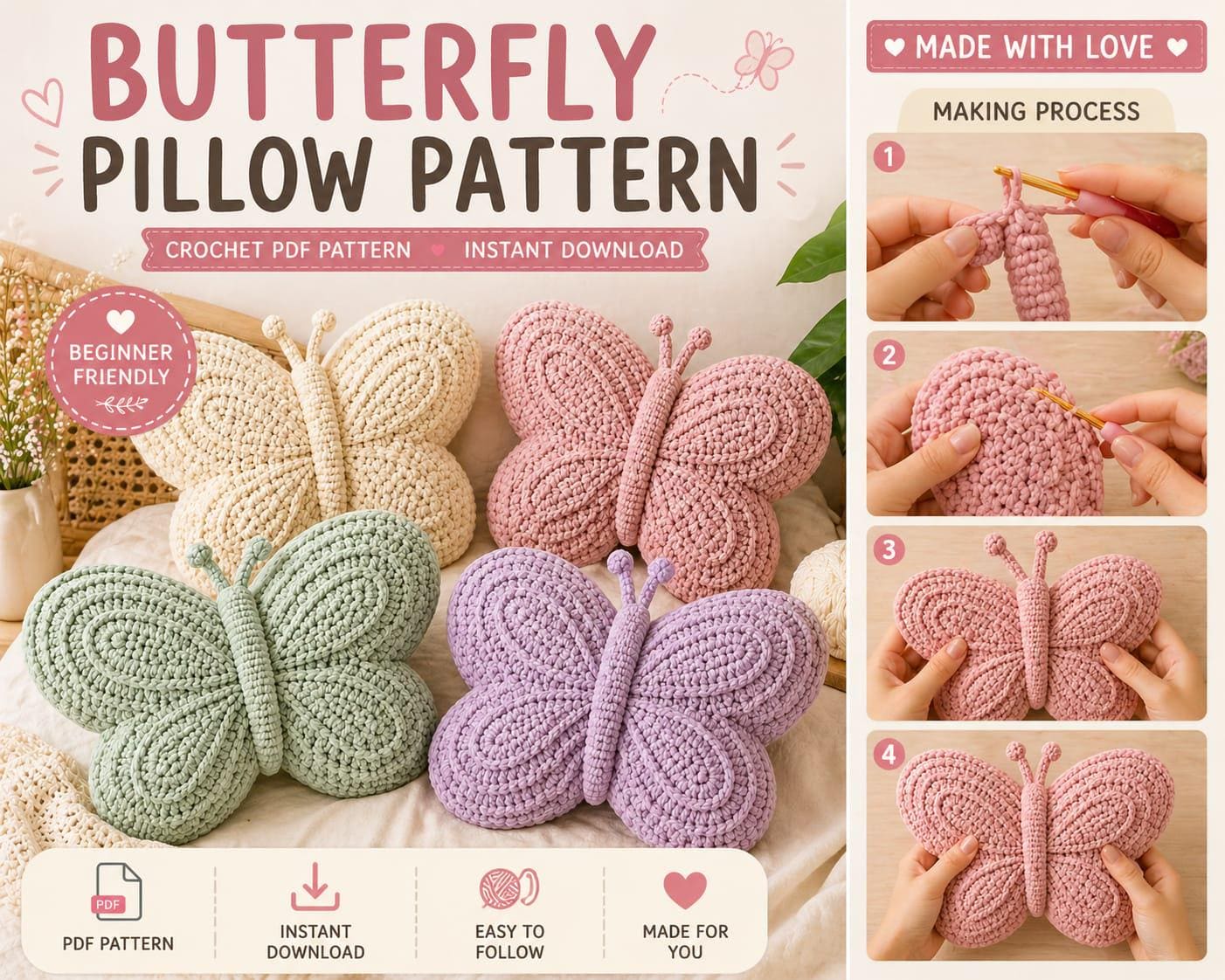 Butterfly Pillow Crochet Pattern PDF | Beginner Friendly Amigurumi ...