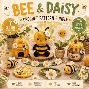 Puede incluir: Un paquete de patrones de ganchillo titulado BEE & DAISY que incluye siete diseños: una abeja, una colmena, una margarita en maceta, un tarro de miel, un tapete de panal, una guirnalda de margaritas y un llavero de abeja en hilo amarillo, blanco y negro.