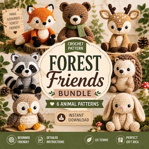 Könnte beinhalten: Ein Häkelmuster-Set mit dem Titel Forest Friends, das sechs Amigurumi-Tiere zeigt, darunter einen Fuchs, Bären, Hirsch, Waschbären, Igel und Hasen. Das Bild zeigt die fertigen Stofftiere zusammen mit Text, der den sofortigen Download angibt.