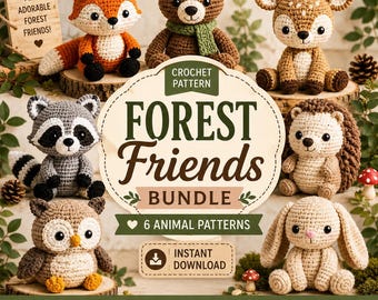 May include: A crochet pattern bundle titled Forest Friends featuring six amigurumi animals including a fox, bear, deer, raccoon, hedgehog, and rabbit. The image displays the finished stuffed toys alongside text indicating instant download and US terms.