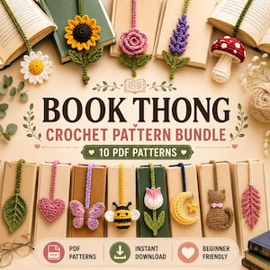 Pode incluir: Um pacote de padrões de crochê com 10 padrões em PDF para marcadores de livros. A imagem exibe vários marcadores de crochê feitos à mão, incluindo flores, um cogumelo, um coração, uma borboleta, uma abelha, uma lua, um gato e uma folha, com o texto BOOK THONG.