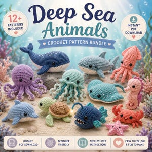 Può includere: Un pacchetto di schemi per uncinetto intitolato Deep Sea Animals che include oltre 12 modelli. L'immagine mostra varie creature marine realizzate all'uncinetto, tra cui una balena, uno squalo, un calamaro, un polpo, una medusa, una razza, un cavalluccio marino, un delfino, una tartaruga, una rana pescatrice, un granchio e una stella marina.