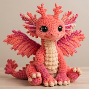 May include: A handmade crochet dragon in shades of coral, pink, and cream. The dragon has large, black eyes, detailed wings, and a curled tail. The plush toy is sitting on a wooden surface.