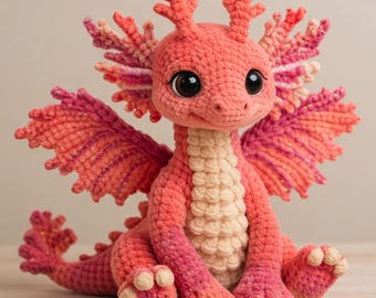 Coral Axolotl Dragon Crochet Pattern | Amigurumi Fantasy Creature Plush PDF Tutorial