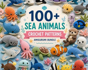 Paquete de más de 100 patrones de crochet de animales marinos, juguetes amigurumi del océano, descarga en PDF para principiantes