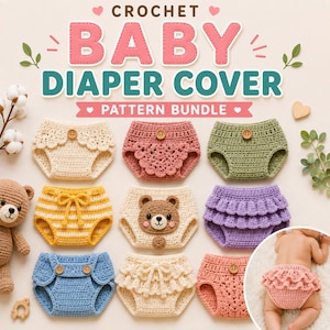 May include: A collection of nine crochet baby diaper covers in various colors and designs, including solid, striped, and ruffled styles with wooden buttons. The text CROCHET BABY DIAPER COVER PATTERN BUNDLE is displayed at the top of the image.