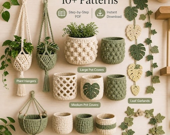 Bundel gehaakte plantendecorpatroon – plantenhangers, pothoezen, bladslingers (pdf)