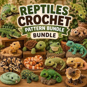 May include: A collection of various crocheted reptiles and amphibians including snakes, lizards, a turtle, and a frog. The image features the text REPTILES CROCHET PATTERN BUNDLE BUNDLE. The figures are crafted with yarn in shades of green, brown, orange, and yellow.