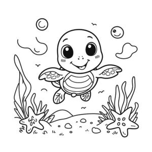 May include: A black and white cartoon illustration of a smiling baby sea turtle swimming underwater. The turtle has large eyes and is surrounded by bubbles, seaweed, and starfish. The image is suitable for coloring.
