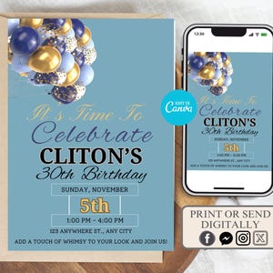 Men&#39;s Birthday Invitation: Blue & Gold Balloons (Editable Template)