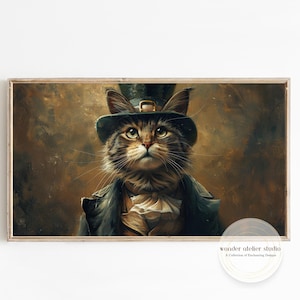 Könnte beinhalten: Gerahmter Kunstdruck mit einer Katze in Zylinder und Mantel. Die Katze hat braunes und schwarzes Fell und einen ernsten Gesichtsausdruck. Das Kunstwerk hat einen Vintage-Stil mit warmem, braunem Hintergrund.