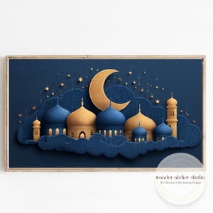 Arte para TV Eid Mubarak | Arte digital islámico para pared en azul oscuro y dorado | Descarga de marcos para TV | Decoración para el hogar de Ramadán