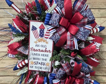 Patriotic "An Old Firecracker Lives Here" Wreath - 4th of July Decor