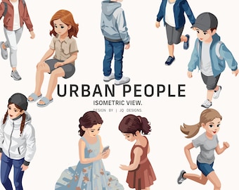 Conjunto de 10 ilustraciones vectoriales de niños urbanos con vista isométrica / Descarga digital instantánea