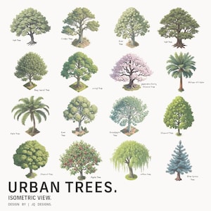 May include: An illustration of various urban trees in an isometric view. The image features a variety of tree types, including oak, linden, gum, bay laurel, cherry blossom, palm, lime, eucalyptus, chestnut, apple, willow, and blue spruce trees. The text "URBAN TREES" is displayed at the bottom.