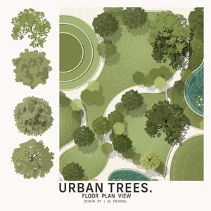 Può includere: Illustrazione dall'alto di un progetto di parco urbano con spazi verdi, alberi e specchi d'acqua. Il design include percorsi circolari e curvi, con una varietà di tipi di alberi mostrati a sinistra. Il testo "URBAN TREES. FLOOR PLAN VIEW" è in basso.
