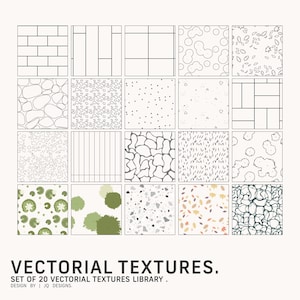 May include: A grid of 20 vector textures, featuring brick, line, and organic patterns. The textures are in black and white, with some green and brown accents. The text at the bottom reads "VECTORIAL TEXTURES. SET OF 20 VECTORIAL TEXTURES LIBRARY. DESIGN BY | JQ DESIGNS."