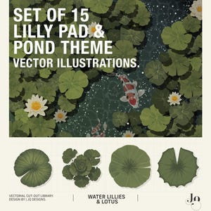 Könnte beinhalten: Digitale Illustration einer Teichszene mit Seerosen, Lotusblumen und Koi-Karpfen. Das Bild enthält den Text "SET OF 15 LILLY PAD & POND THEME VECTOR ILLUSTRATIONS." Zusätzliche Illustrationen von Seerosen und Lotusblumen sind ebenfalls abgebildet.