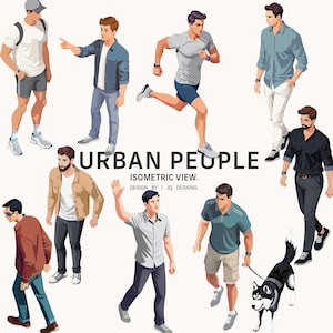 May include: Isometric illustration of diverse figures in urban settings. The image shows men in casual clothing, including t-shirts, jackets, and shorts. Text reads "URBAN PEOPLE" and "ISOMETRIC VIEW. DESIGN BY JQ DESIGNS."