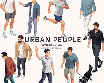 Conjunto de 12 figuras isométricas de hombres urbanos (descarga digital instantánea)