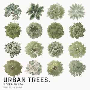 May include: An illustration of various urban trees, viewed from above. The image features a grid of sixteen different tree types, each rendered in shades of green and brown. The text "URBAN TREES. FLOOR PLAN VIEW." is displayed at the bottom.