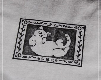 Handmade Cotton Tee, Happy Cat Original Linocut Design