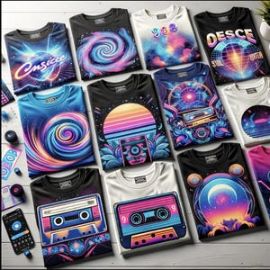 Könnte beinhalten: Eine Sammlung von zehn T-Shirts mit Retro-inspirierten Designs. Die Designs beinhalten eine Vielzahl von Farben, darunter Blau, Pink, Lila, Gelb und Grün. Die Designs umfassen eine Galaxie, ein Kassettenband, einen Sonnenuntergang, eine Spirale und einen Mond. Die T-Shirts sind alle schwarz, weiß oder blau.