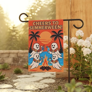 Summerween Garden Flag, Fun Ghost Party Banner, Outdoor Yard Decor, Halloween Garden Decoration, Spooky Holiday Flag, Home and Garden Sign