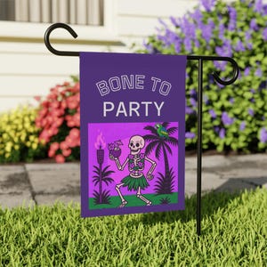 Bandera de jardín de verano, divertida pancarta de esqueleto luau, decoración de jardín al aire libre, decoración de jardín de Halloween, bandera festiva espeluznante, letrero para el hogar y el jardín