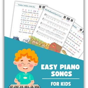 Canciones fáciles de piano para principiantes y niños, partitura con notas de colores e ilustraciones (PDF)