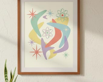 Atomic Starburst Boomerang Art Print, Mid Century Modern, 50s Space Age Retro Wall Art