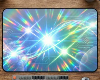 May include: Rectangular mouse pad with a vibrant, abstract design featuring bright white light bursts and colorful rainbow streaks against a blue background. A black keyboard and mouse are positioned below the pad, with coffee cups and a small plant nearby.