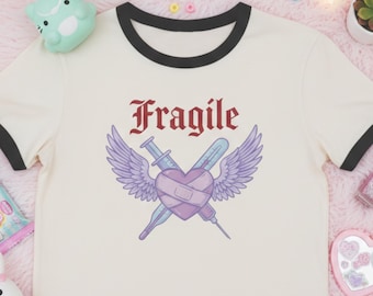 Menhera Kei Medical Angel Ringer Tee | Yami Kawaii Shirt | Pastel Goth "Fragile" Nursing Shirt