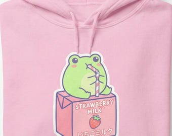 Strawberry Milk Kawaii Hoodie | Japanese Frog Anime Sweatshirt | Pastel Pink Harajuku Fashion | Cottagecore