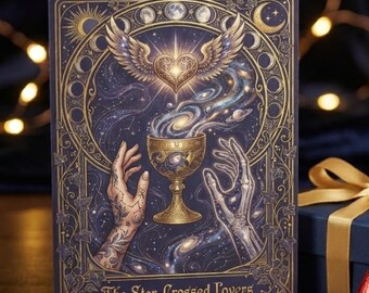 May include: A greeting card with a celestial design featuring a heart with wings, a golden chalice, and the text "The Star-Crossed Lovers." The card is dark blue with gold accents. A small blue gift box with a gold ribbon and heart-shaped candies are also present.