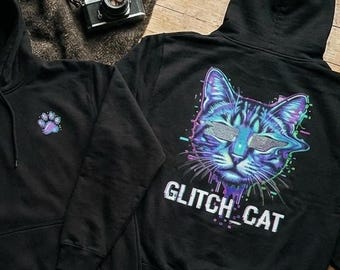 Neon Glitch Katzen Hoodie | Cyberpunk 2077 Kleidung | Steamwave Kleidung | Gaming Geschenk für Ihn
