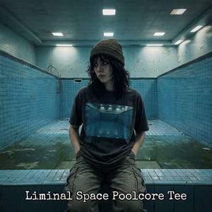 May include: A person wearing a dark gray t-shirt with a blue graphic, olive green cargo pants, and a green beanie. The text "Liminal Space Poolcore Tee" is at the bottom of the image. The background is an empty blue tiled pool.