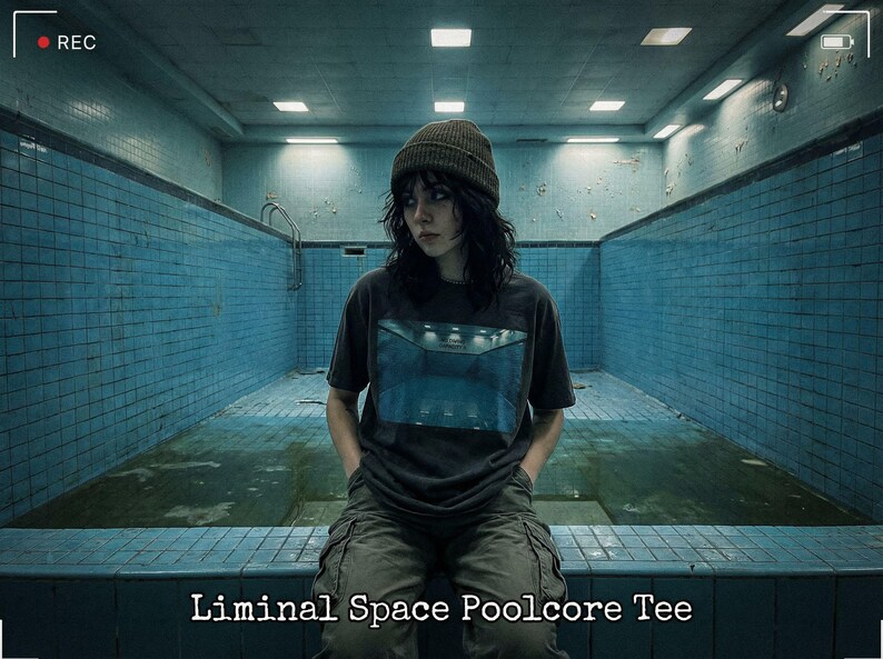 May include: A person wearing a dark gray t-shirt with a blue graphic, olive green cargo pants, and a green beanie. The text "Liminal Space Poolcore Tee" is at the bottom of the image. The background is an empty blue tiled pool.
