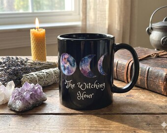 Personalized Triple Moon Goddess Mug – Witchy Moon Phases Coffee Cup, Black Ceramic 11oz & 15oz