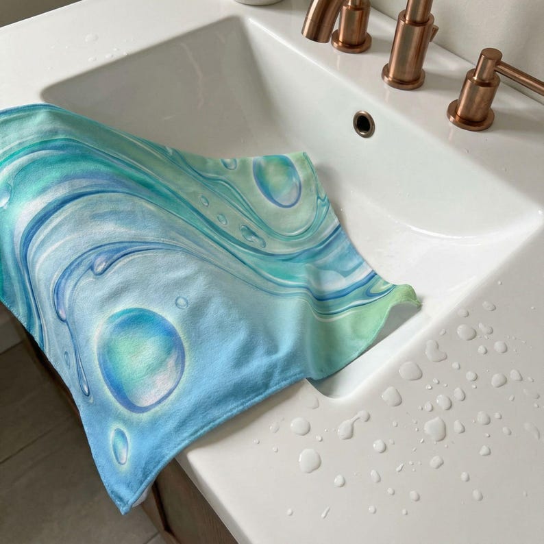 May include: A blue and green patterned hand towel with a swirling design, resembling water and bubbles, rests on a white sink. The towel's colors include shades of blue, teal, and green. The sink has copper-colored fixtures.