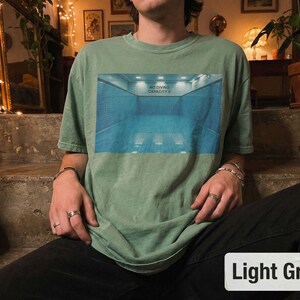 May include: Light green t-shirt with a rectangular graphic of a blue and white indoor pool scene. The text "NO DIVING CAPACITY 6" is above the pool. The shirt is a light green color.