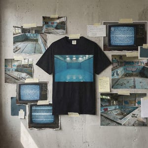 May include: A black t-shirt with a blue graphic of an empty swimming pool. The shirt is displayed on a concrete wall with vintage televisions, torn photos of pools, and notes. The text "THE DIVING CHAMBERS" is visible on the shirt.