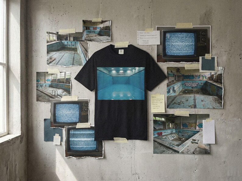 May include: A black t-shirt with a blue graphic of an empty swimming pool. The shirt is displayed on a concrete wall with vintage televisions, torn photos of pools, and notes. The text "THE DIVING CHAMBERS" is visible on the shirt.