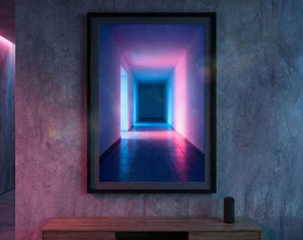 May include: Framed art print depicting a hallway bathed in vibrant neon light. The artwork features a perspective view of a corridor with blue and pink hues, creating a futuristic and atmospheric aesthetic. A small black speaker sits on a wooden cabinet below.